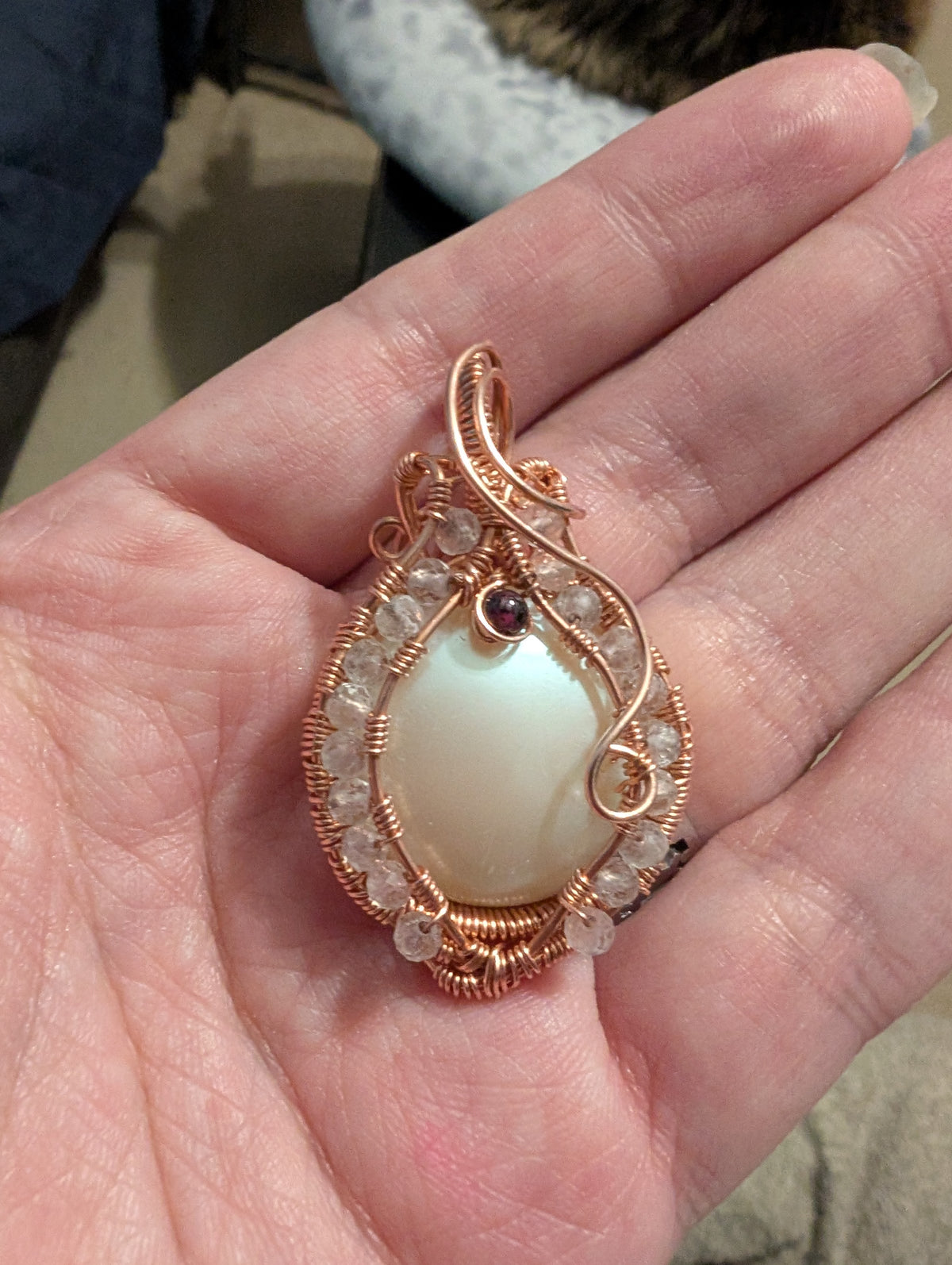 Vintage Acrylic Pearl with Quartz and Garnet Wire Wrapped Pendant