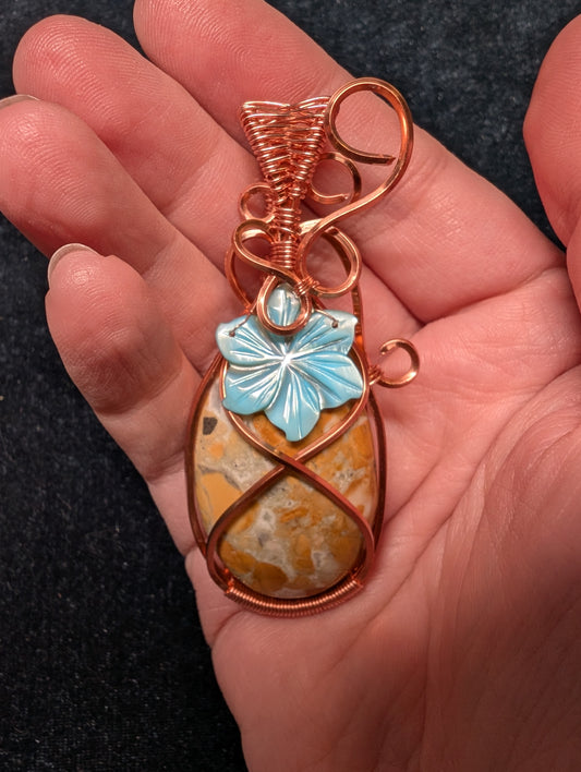 Bumblebee Jasper and Carved Shell Wire Wrapped Pendant