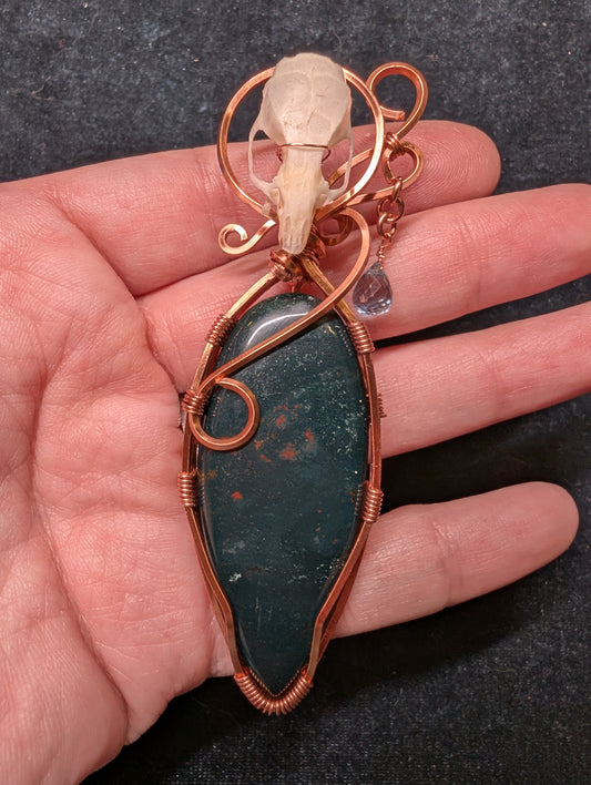 Bloodstone, Topaz, and Mouse Skull Wire Wrapped Pendant