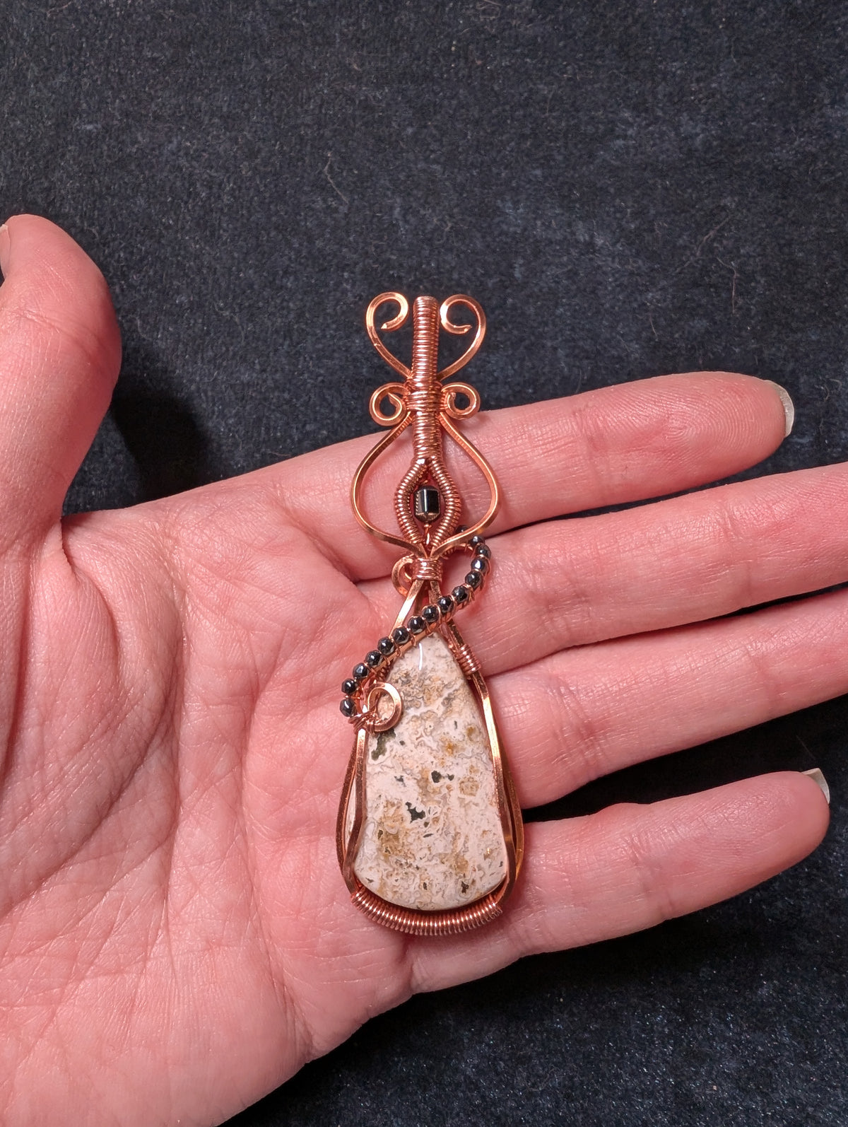 Maravoto Ocean Jasper and Hematite Wire Wrapped Pendant