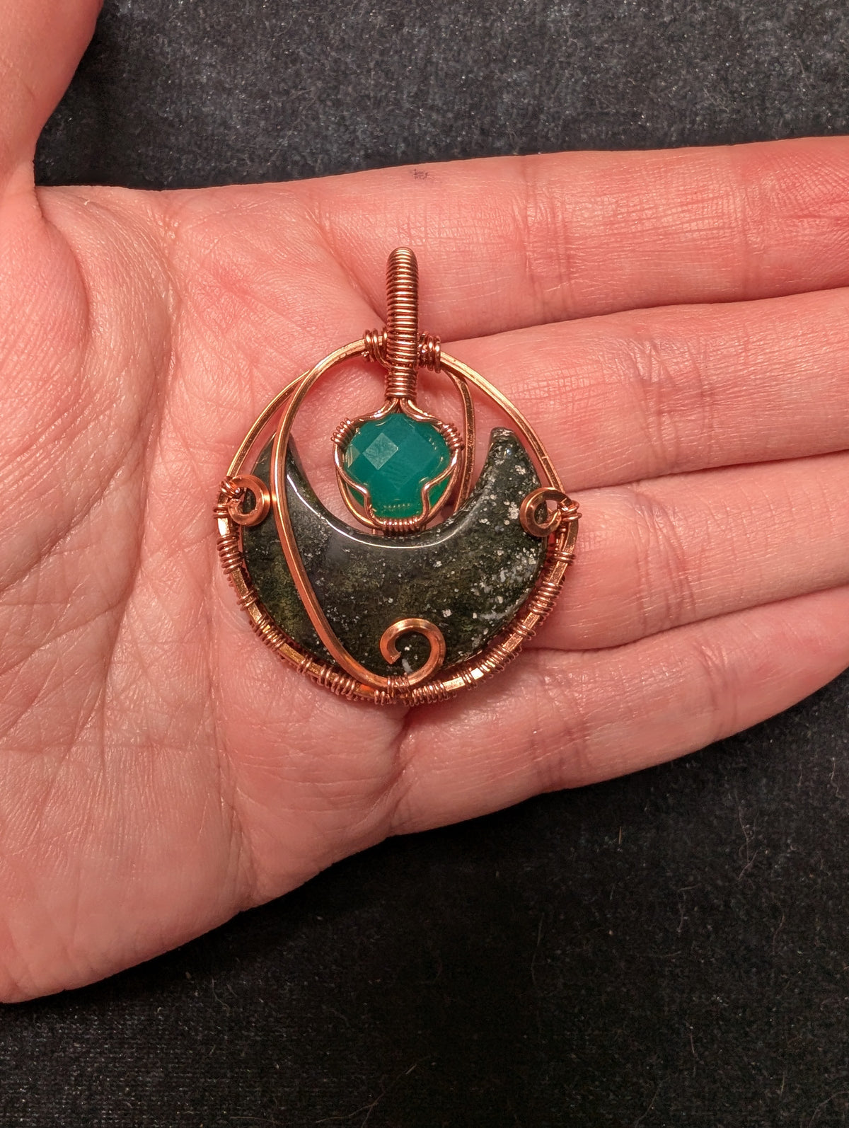 Agate Moon and Green Onyx Wire Wrapped Pendant