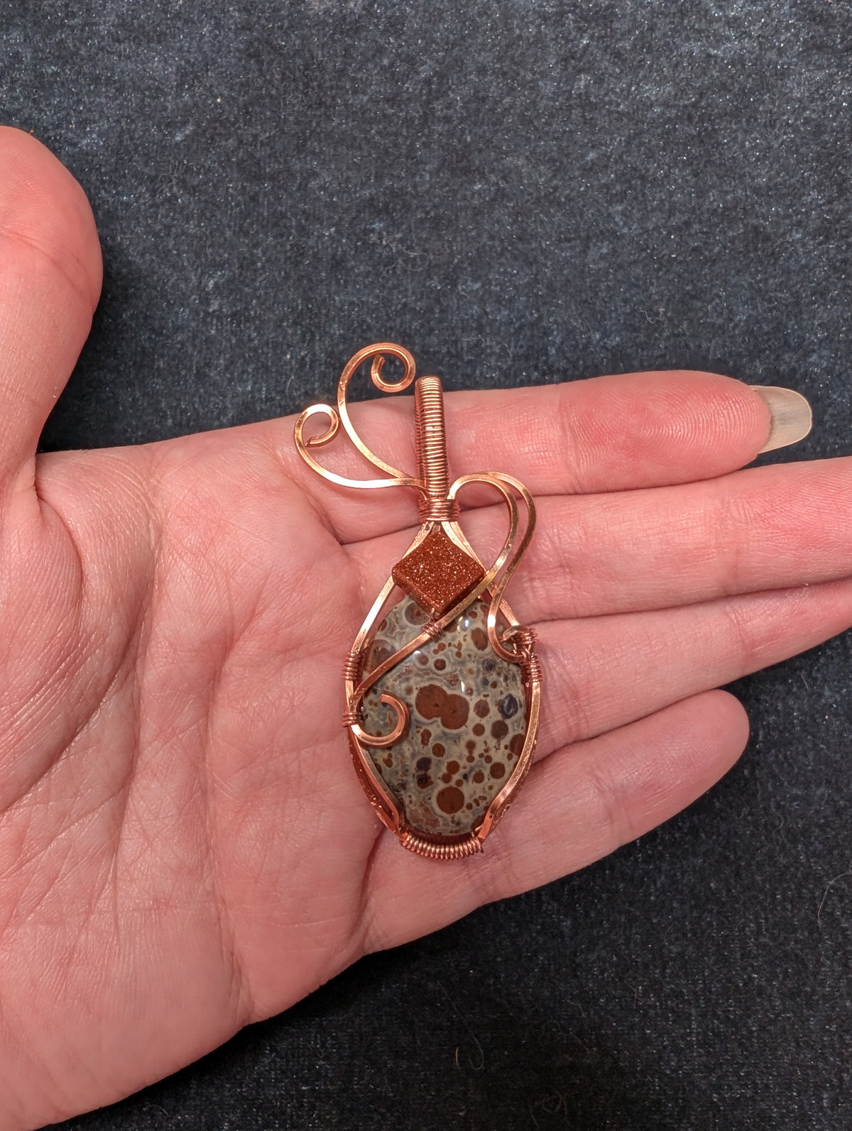 Orbicular Jasper and Goldstone Wire Wrapped Pendant