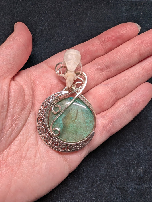 Chrysocolla with Moon and Mouse Skull Wrapped Pendant