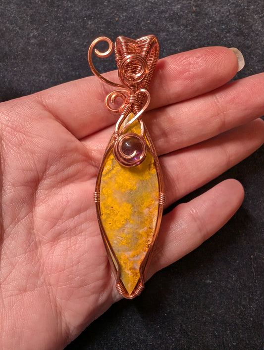Bumblebee Jasper and Amethyst Wire Wrapped Pendant