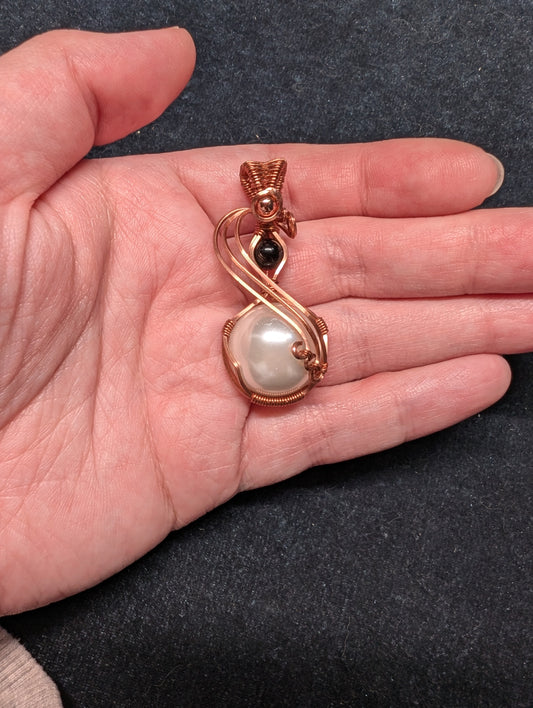 "Duet" Acrylic Pearl and Obsidian Wire Wrapped Pendant