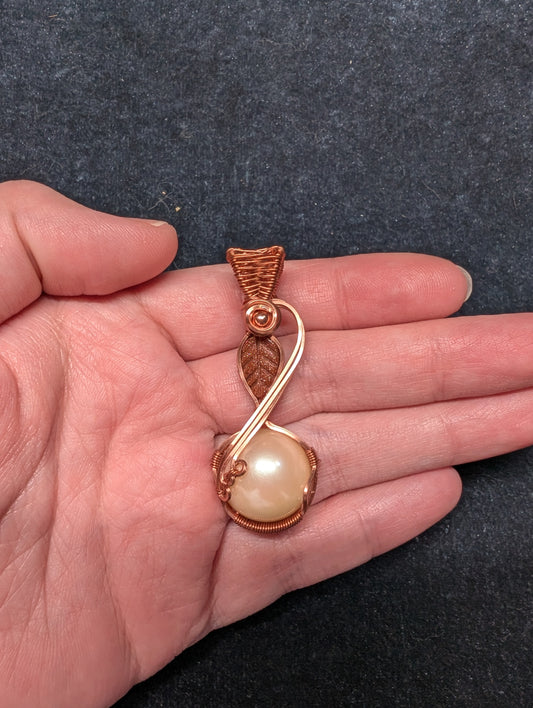 "Duet" Acrylic Pearl and Goldstone Leaf Wire Wrapped Pendant