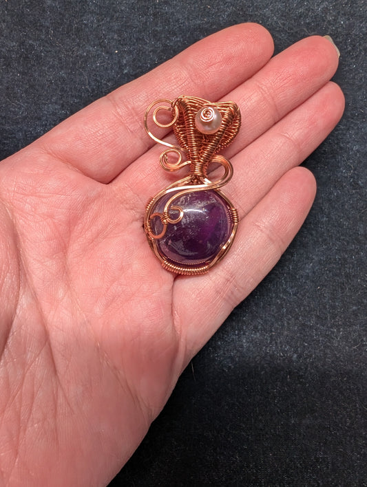 Amethyst and Peach Pearl Wire Wrapped Pendant