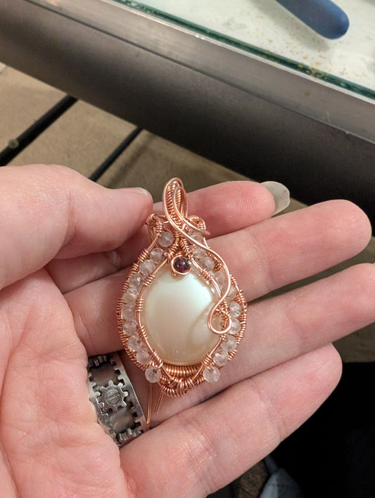 Vintage Acrylic Pearl with Quartz and Garnet Wire Wrapped Pendant