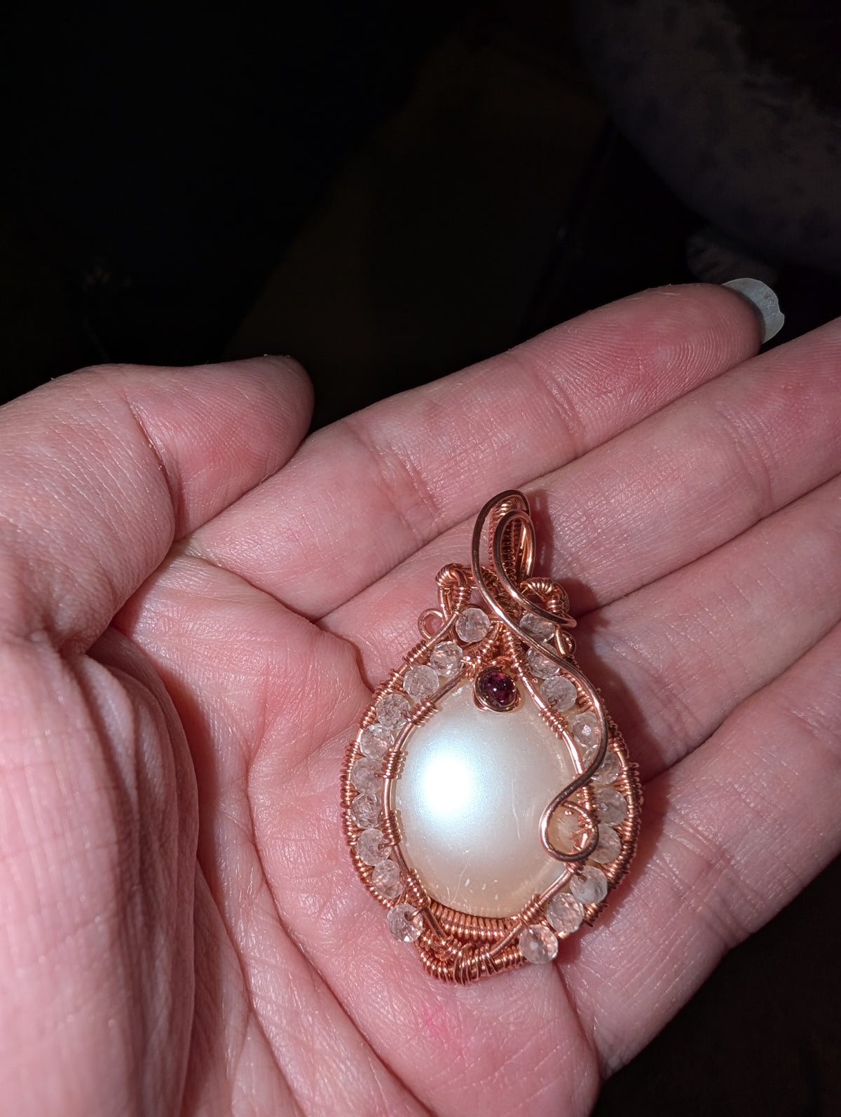 Vintage Acrylic Pearl with Quartz and Garnet Wire Wrapped Pendant