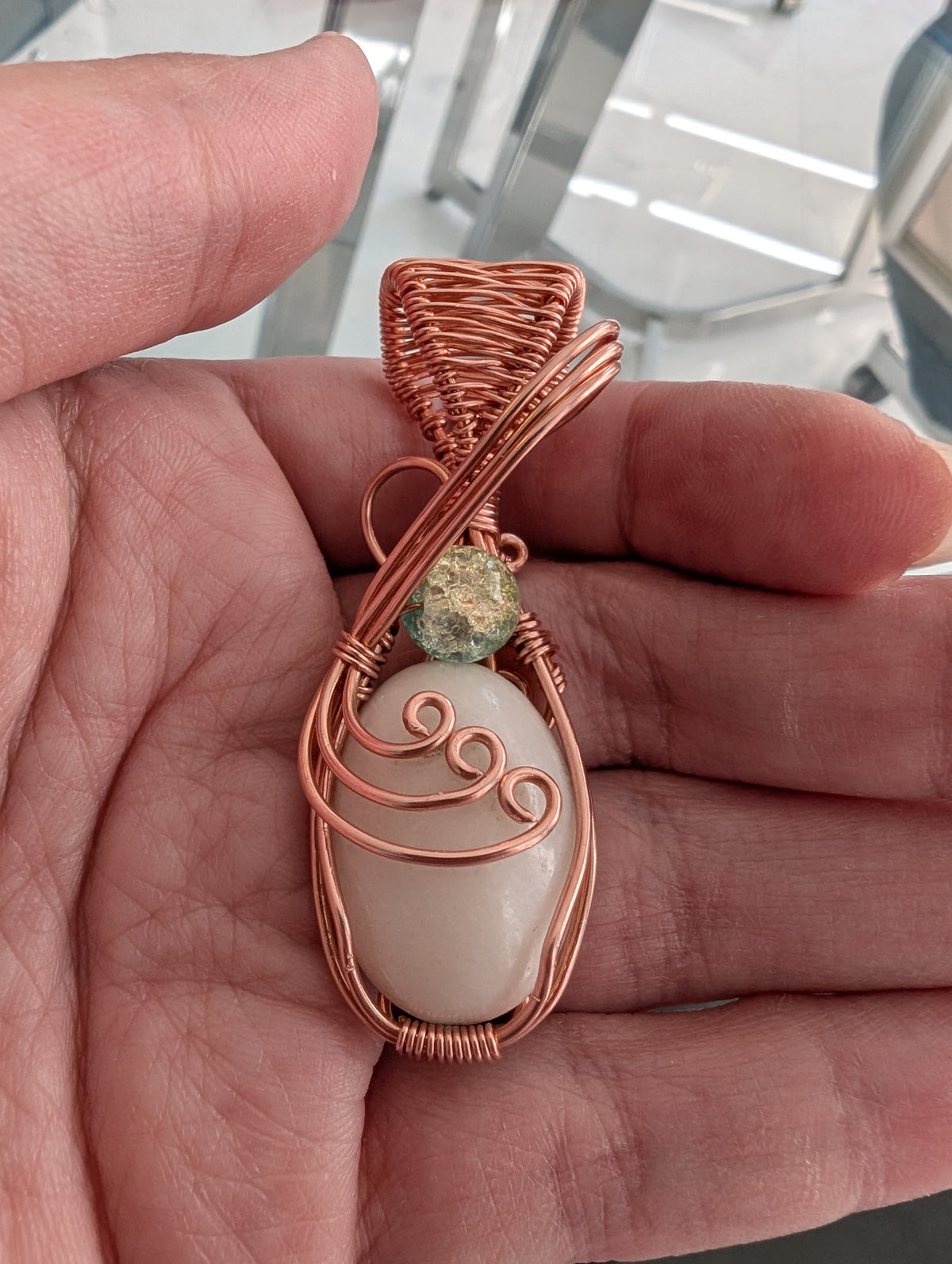 White Agate and Crackle Glass Wire Wrapped Pendant