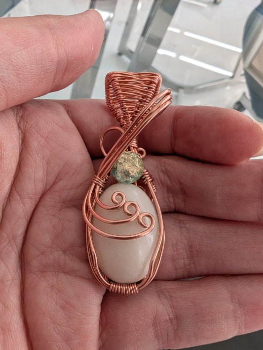 White Agate and Crackle Glass Wire Wrapped Pendant