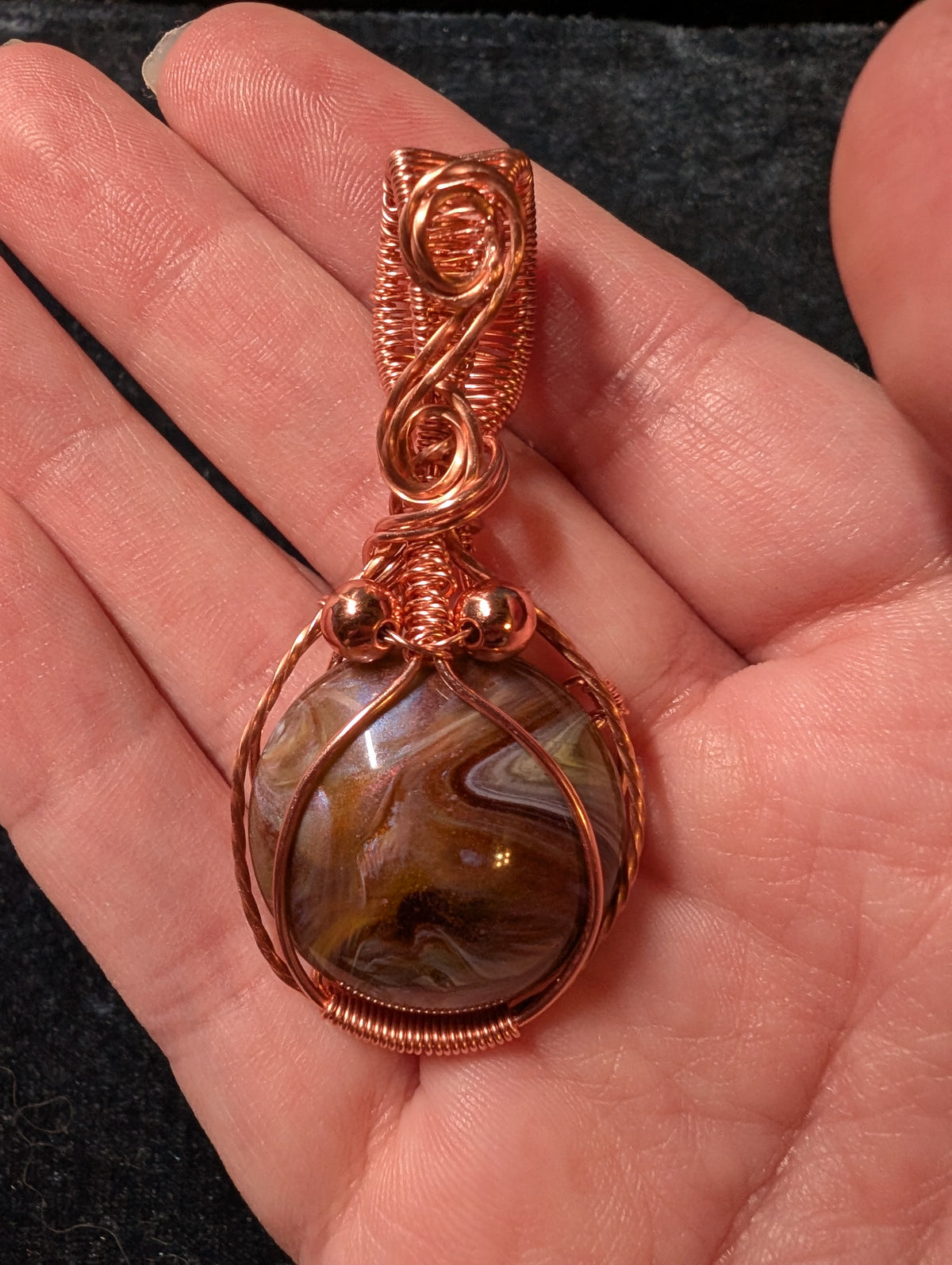 Brown Swirl Acrylic Cabochon Wire Wrapped Pendant