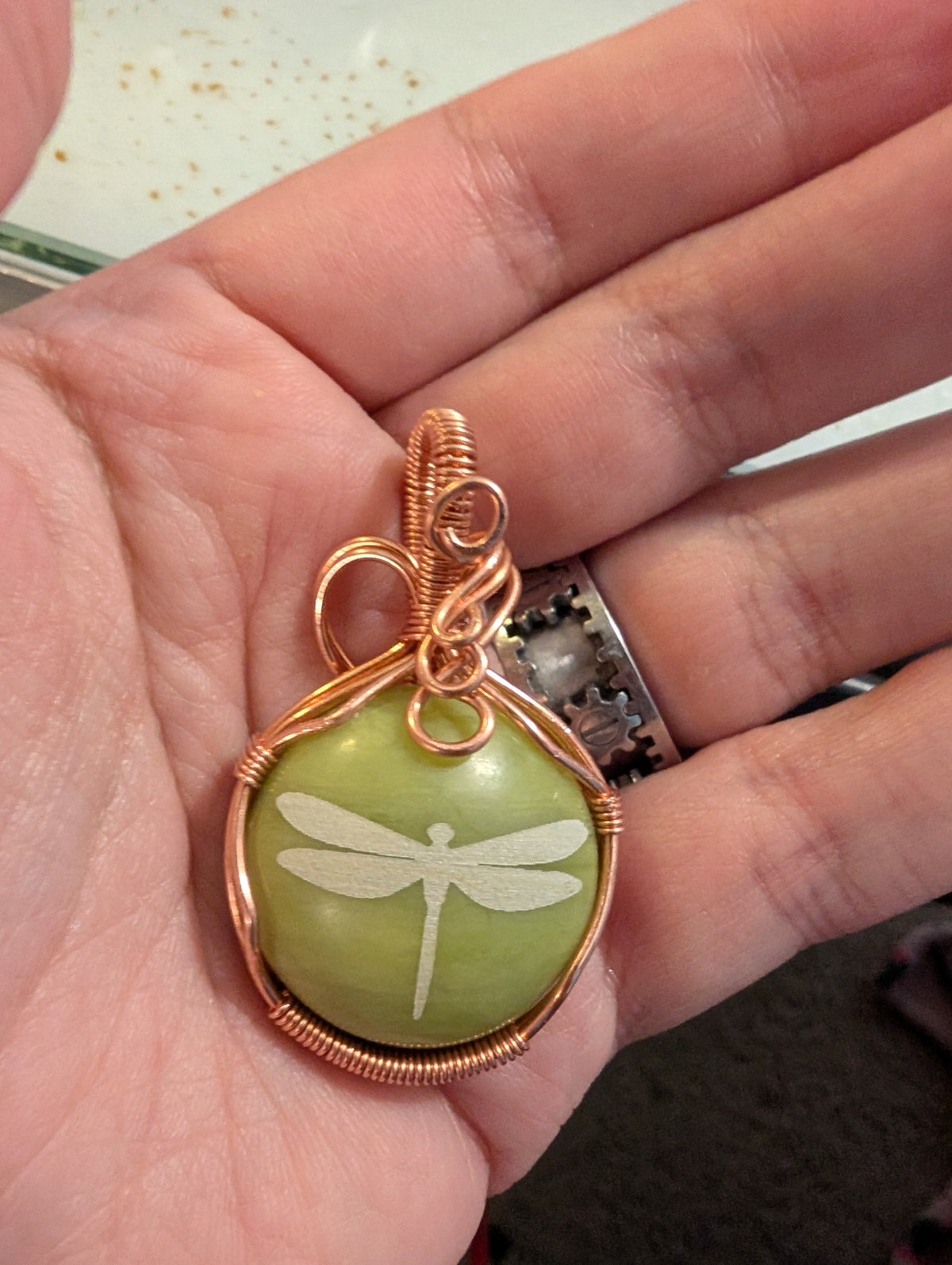 Green Serpentine Wire Wrapped Pendant