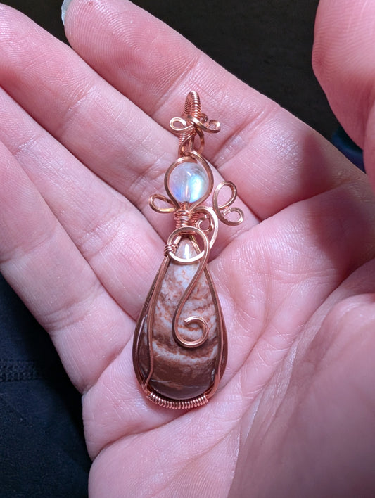 Brown Coconut Jasper and Moonstone Wire Wrapped Pendant