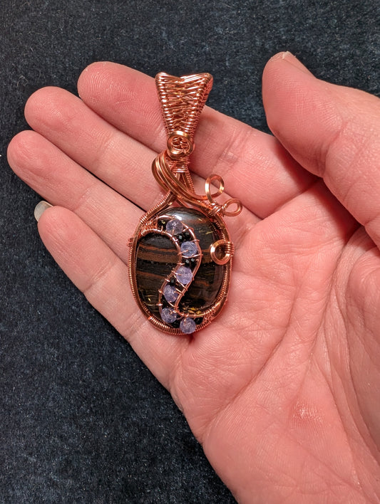Tiger Iron, Tanzanite, and Black Onyx Wire Wrapped Pendant