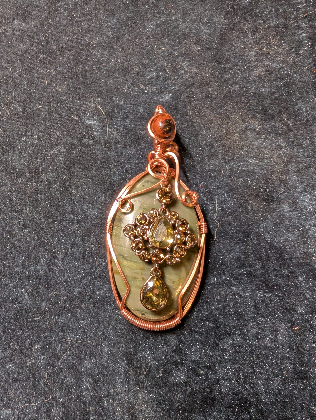 Green Jasper, Mahogany Obsidian, and Crystal Wire Wrapped Pendant