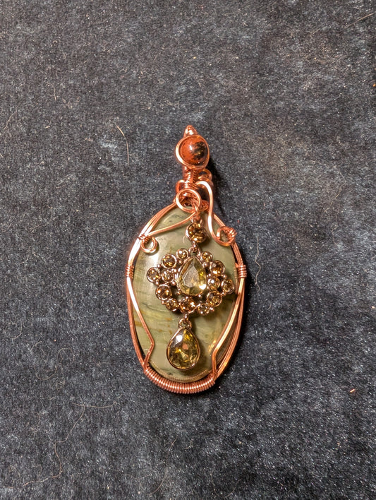 Green Jasper, Mahogany Obsidian, and Crystal Wire Wrapped Pendant