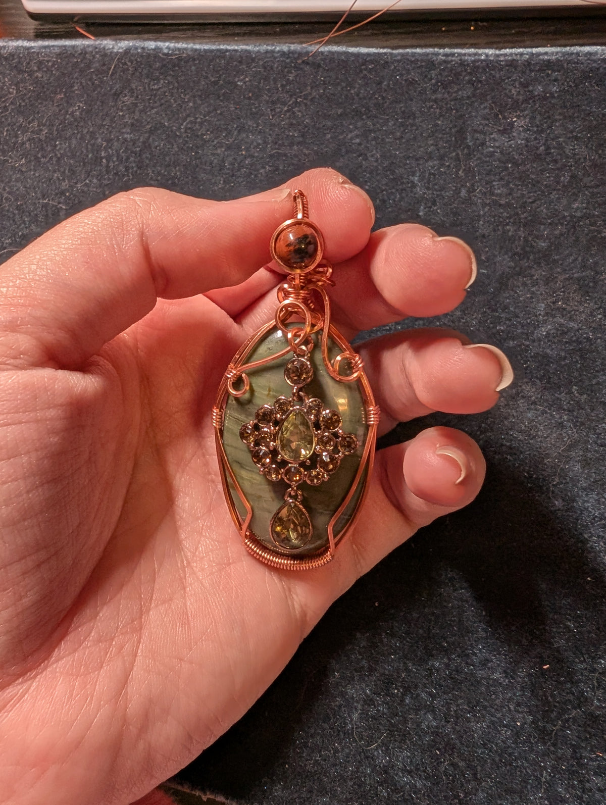 Green Jasper, Mahogany Obsidian, and Crystal Wire Wrapped Pendant