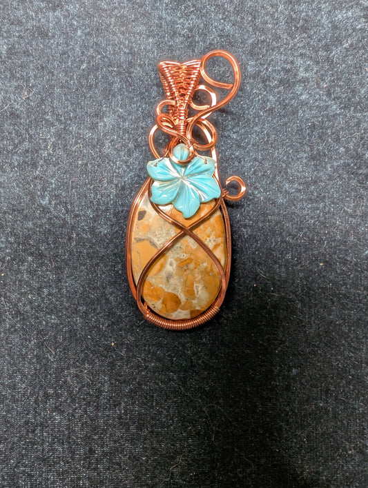 Bumblebee Jasper and Carved Shell Wire Wrapped Pendant