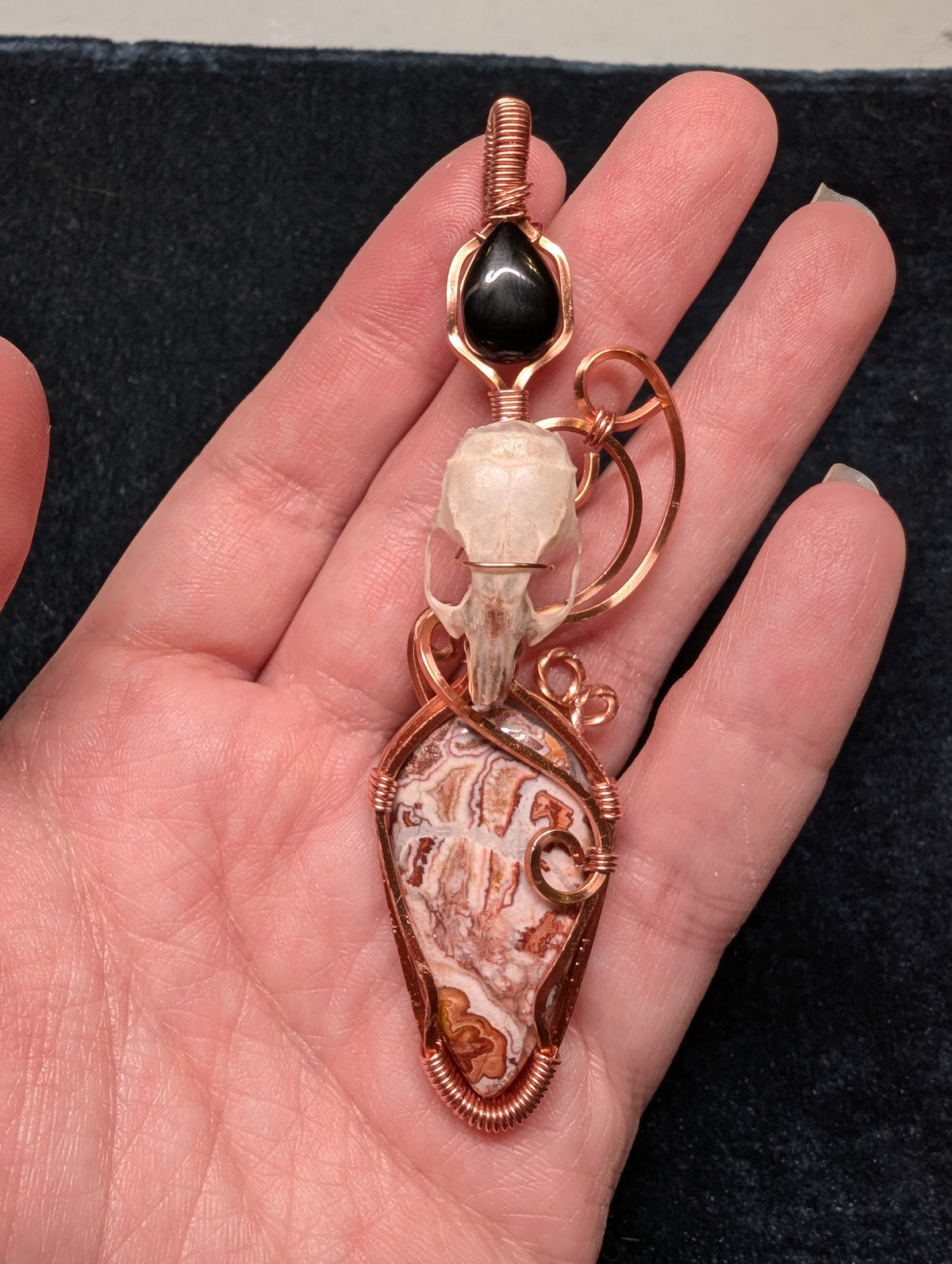 Jasper, Onyx and Mouse Skull Wire Wrapped Pendant