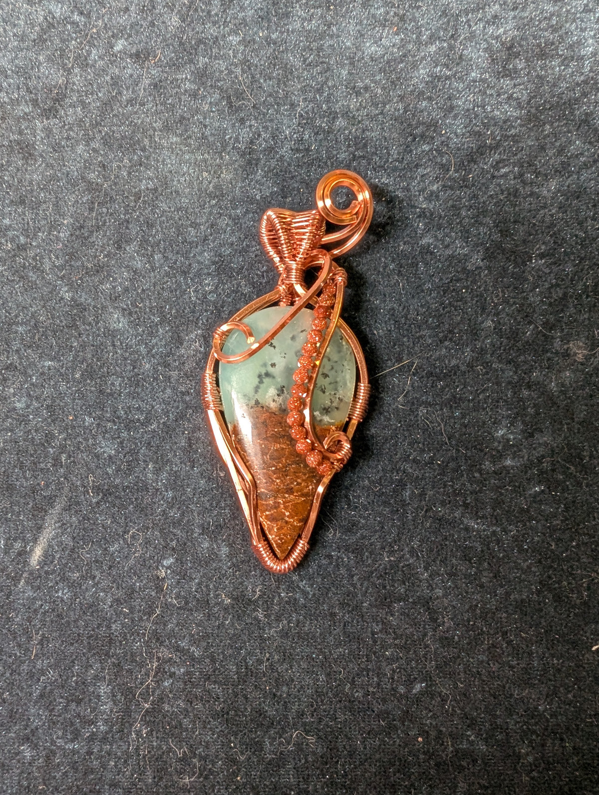 Chrysoprase and Goldstone Wire Wrapped Pendant