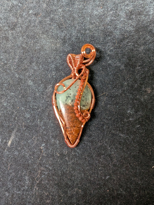 Chrysoprase and Goldstone Wire Wrapped Pendant