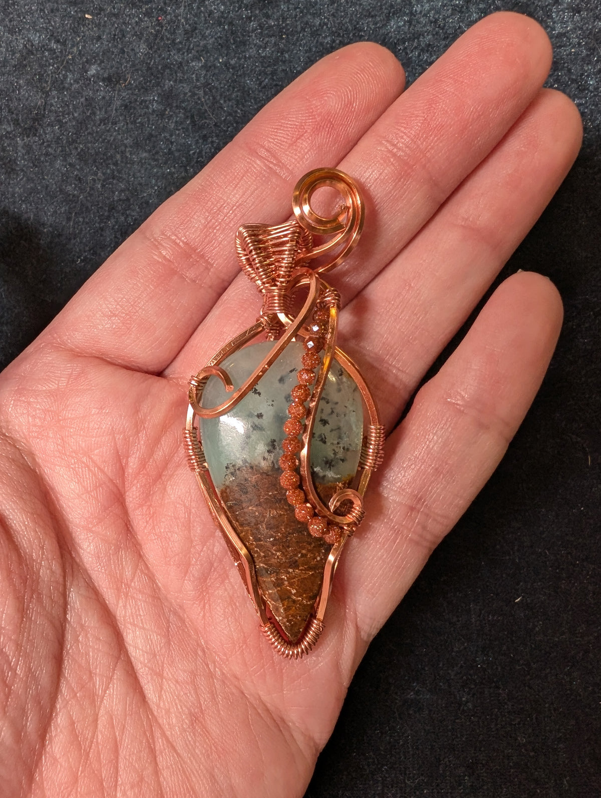 Chrysoprase and Goldstone Wire Wrapped Pendant
