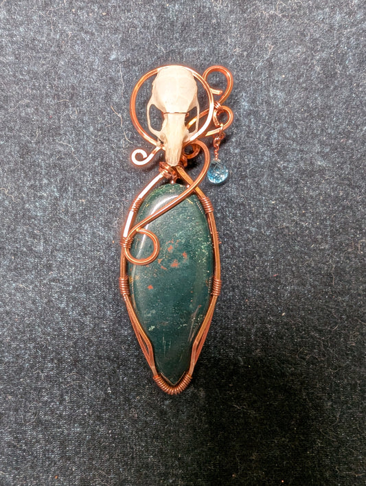 Bloodstone, Topaz, and Mouse Skull Wire Wrapped Pendant