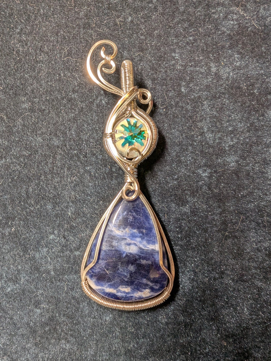 Sodalite and Austrian Crystal "Sea Urchin" Wire Wrapped Pendant