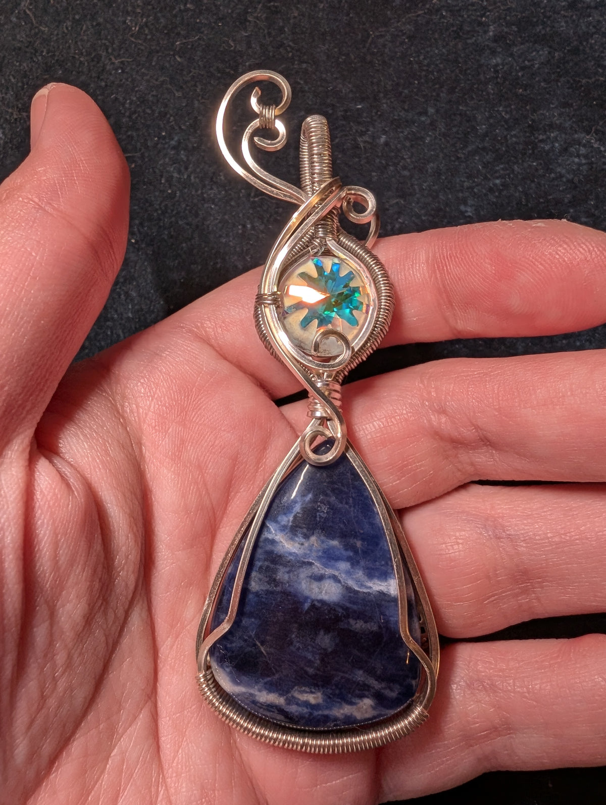 Sodalite and Austrian Crystal "Sea Urchin" Wire Wrapped Pendant