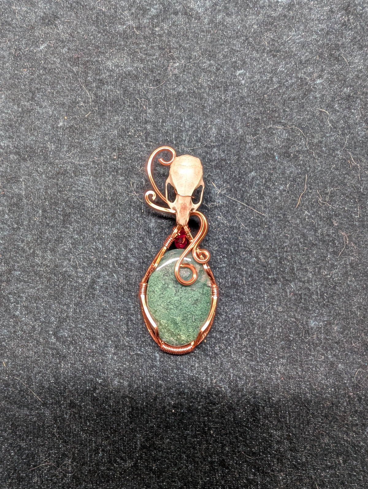 Green Moss Agate and Mouse Skull and Crystal Wire Wrapped Pendant