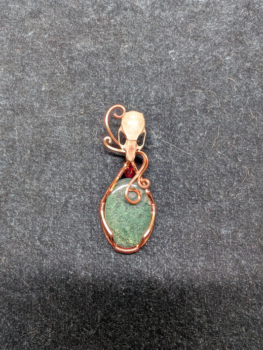 Green Moss Agate and Mouse Skull and Crystal Wire Wrapped Pendant