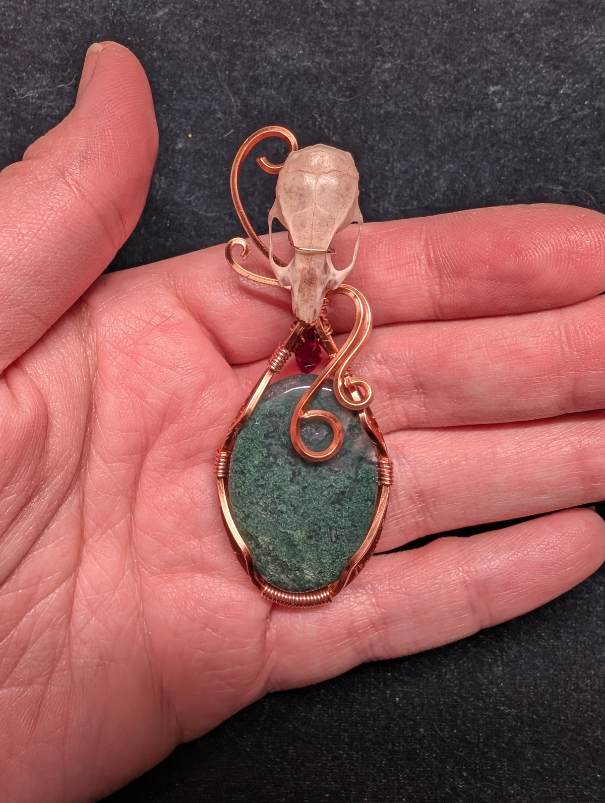 Green Moss Agate and Mouse Skull and Crystal Wire Wrapped Pendant