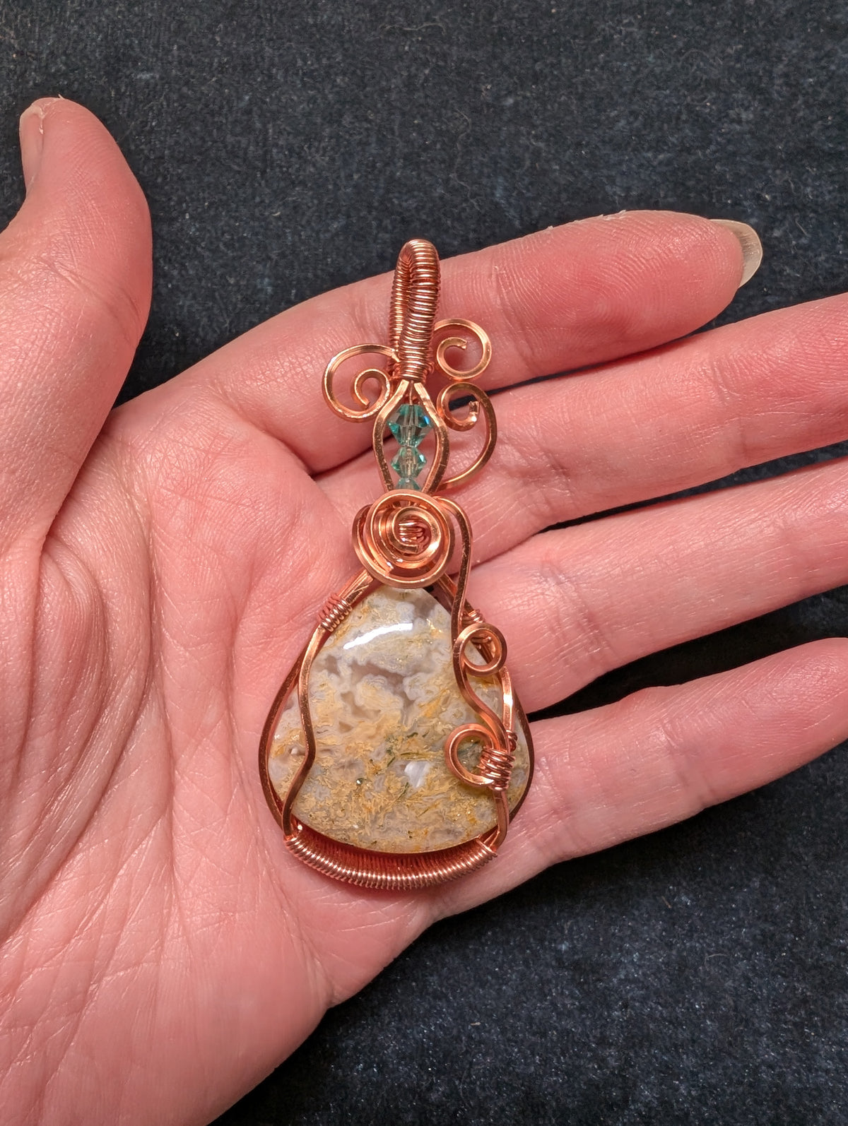 Milky Moss Agate and Crystal Wire Wrapped Pendant