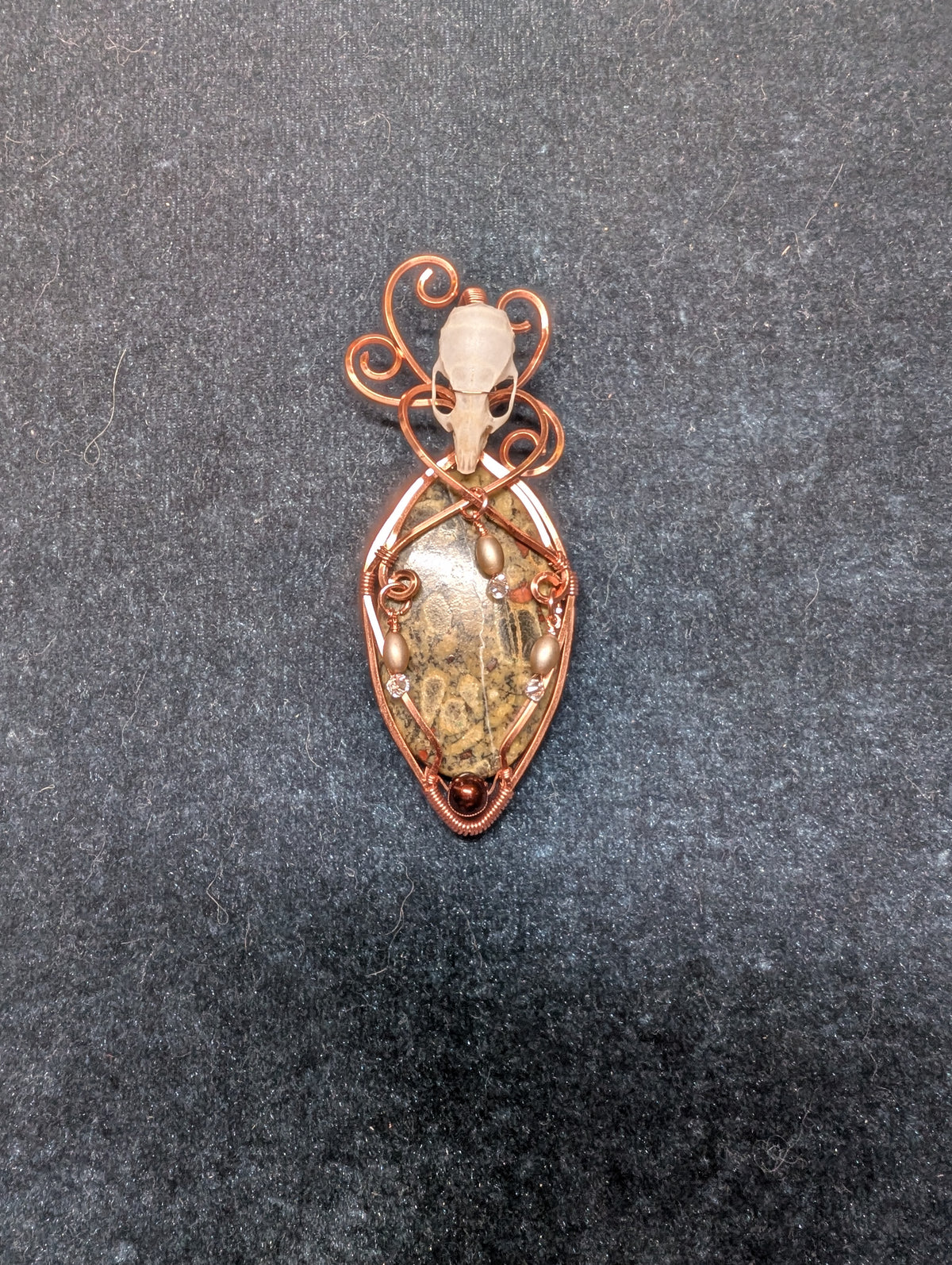 Peanut Obsidian and Mouse Skull with Beaded Dangles Wire Wrapped Pendant
