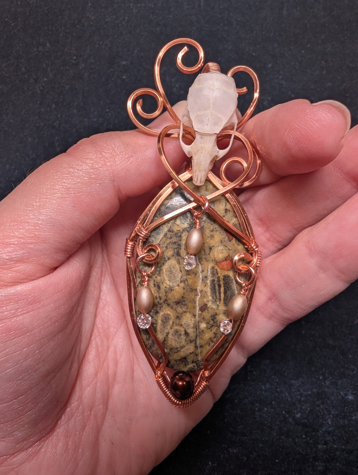 Peanut Obsidian and Mouse Skull with Beaded Dangles Wire Wrapped Pendant