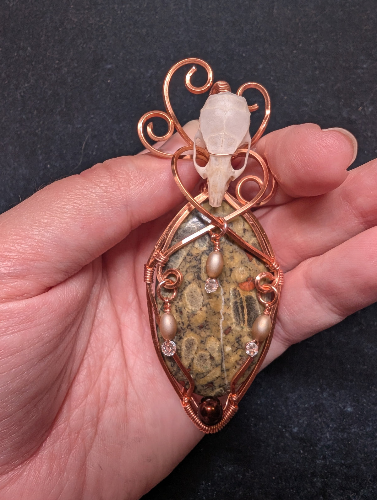 Peanut Obsidian and Mouse Skull with Beaded Dangles Wire Wrapped Pendant
