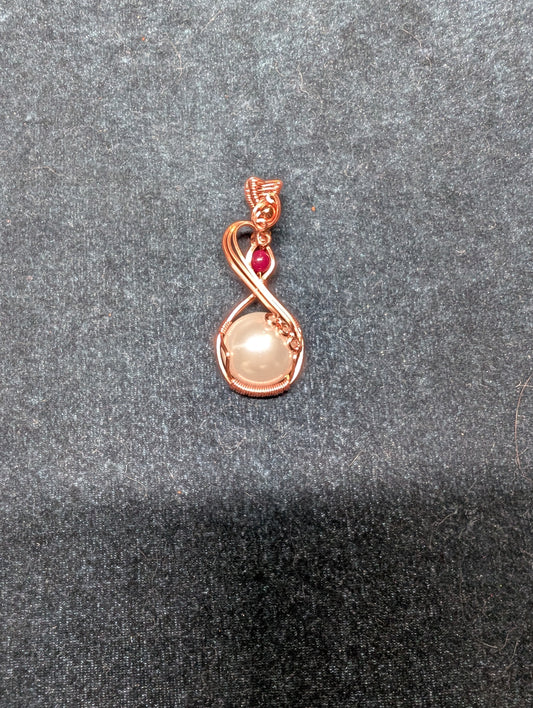 "Duet" Acrylic Pearl and Ruby Wire Wrapped Pendant