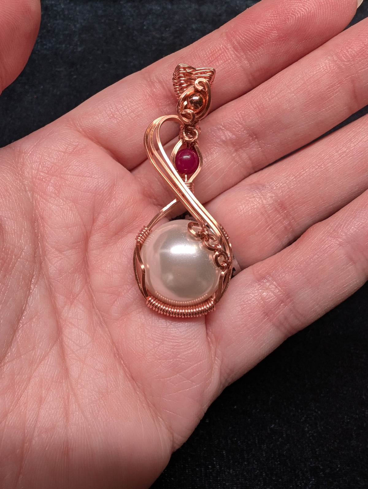 "Duet" Acrylic Pearl and Ruby Wire Wrapped Pendant