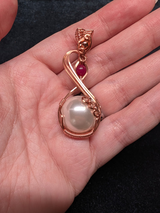 "Duet" Acrylic Pearl and Ruby Wire Wrapped Pendant