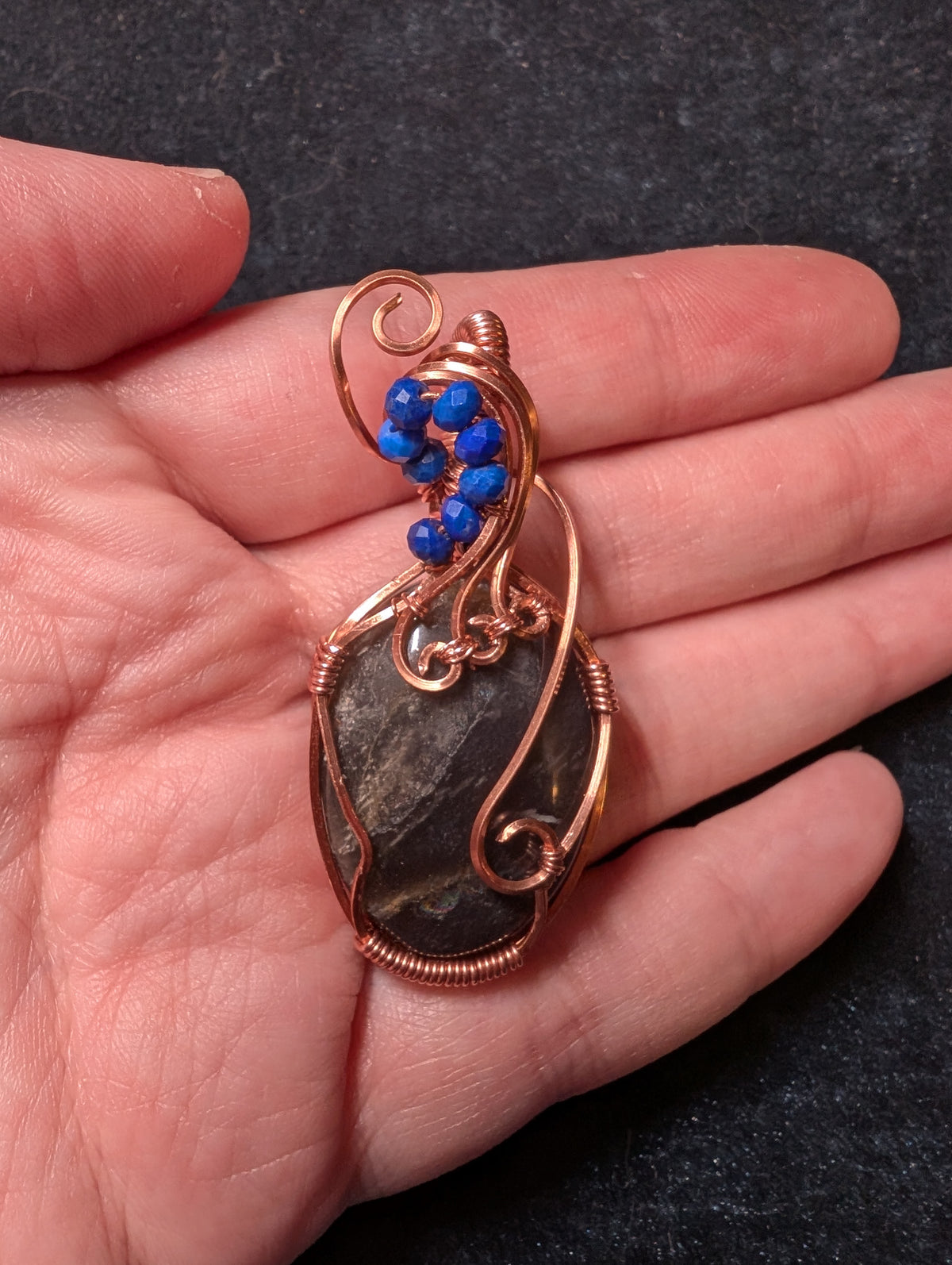 Black Moonstone and Sodalite Wire Wrapped Pendant
