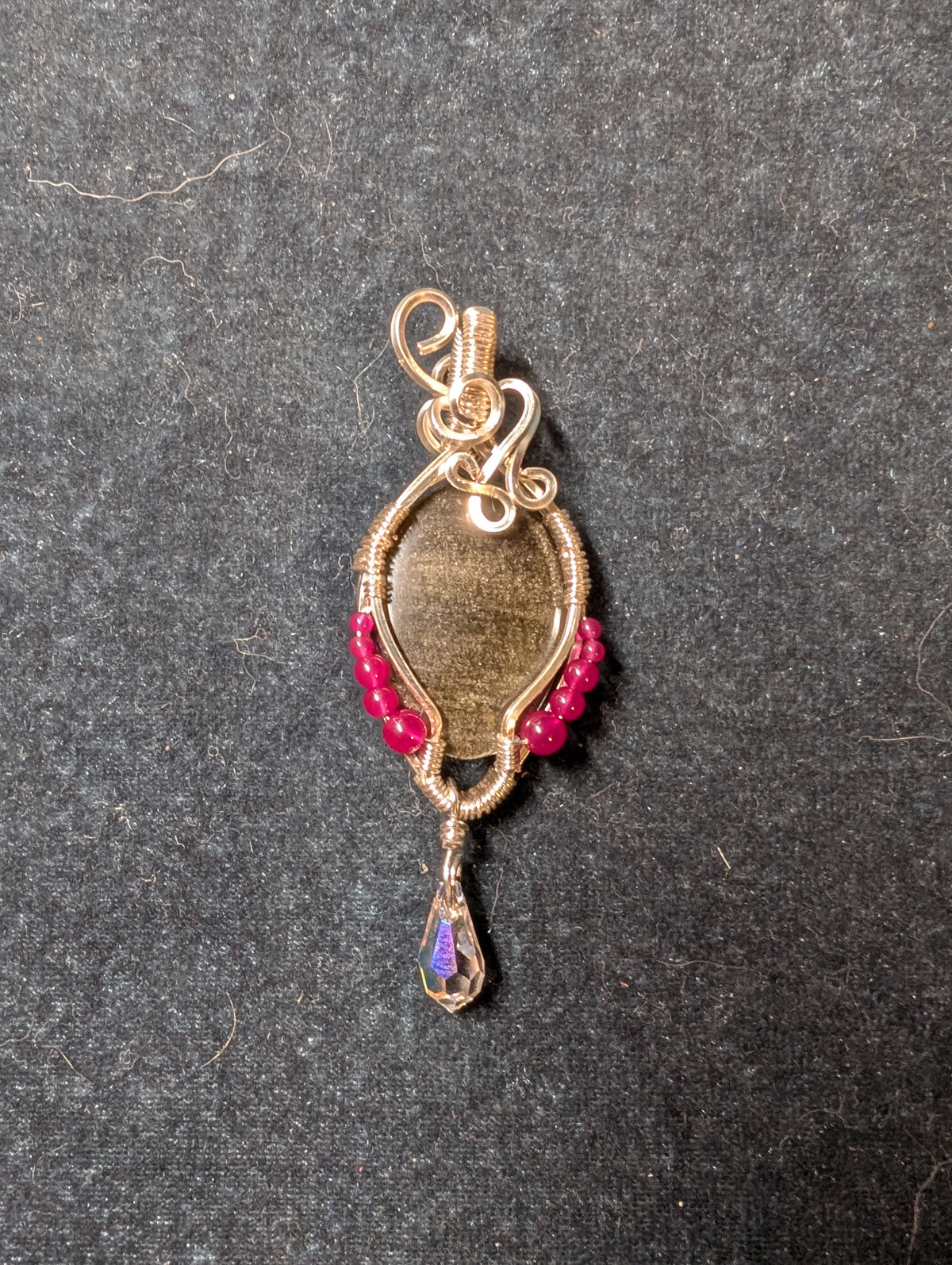 Gold Sheen Obsidian and Ruby with Crystal Wire Wrapped Pendant