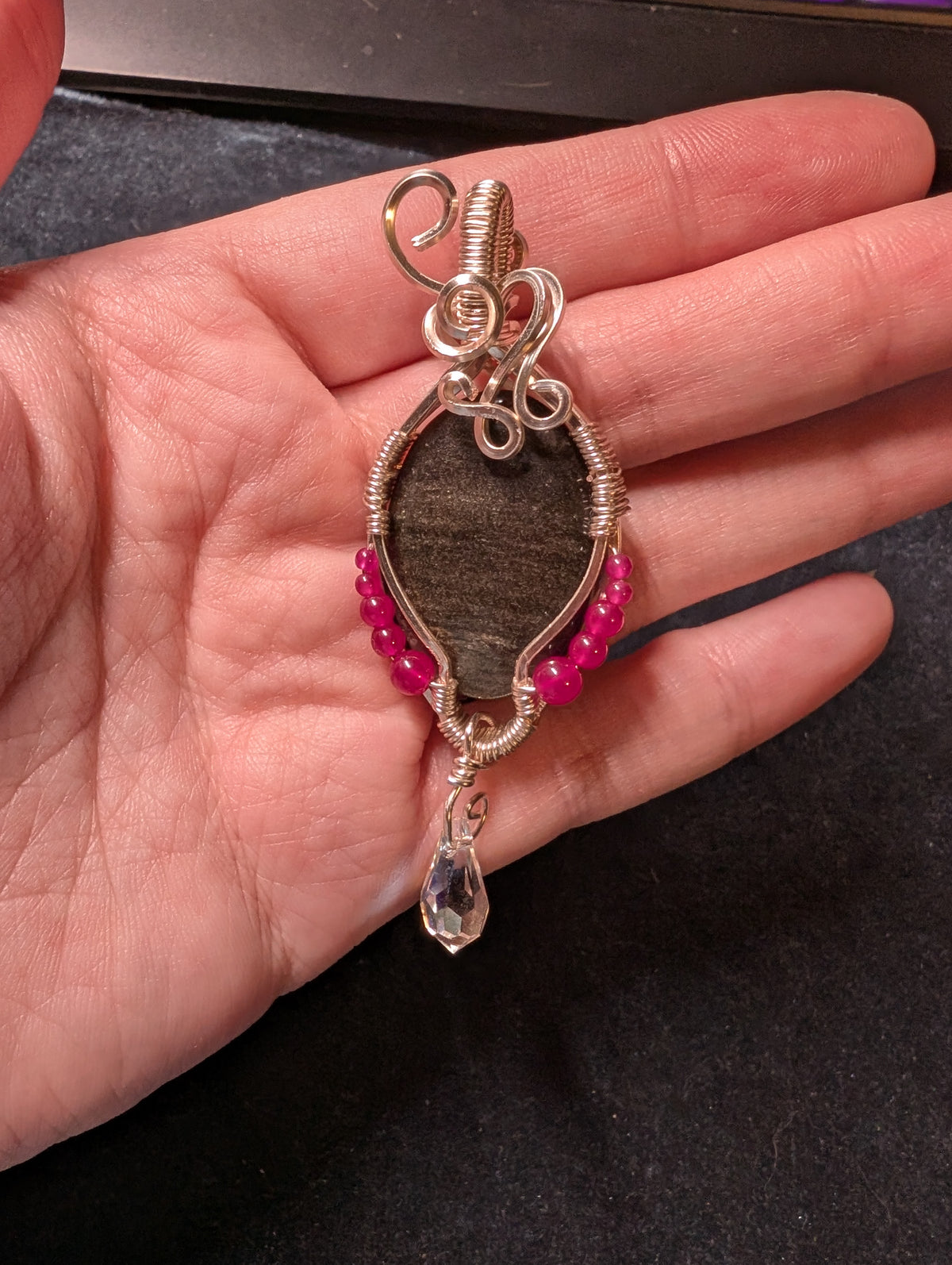 Gold Sheen Obsidian and Ruby with Crystal Wire Wrapped Pendant