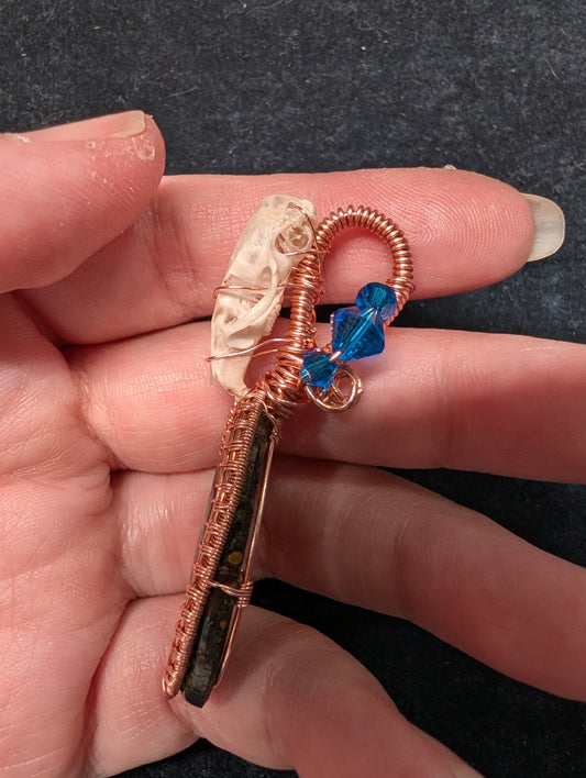 Bronzite and Mouse Skull with Crystal Wire Wrapped Pendant