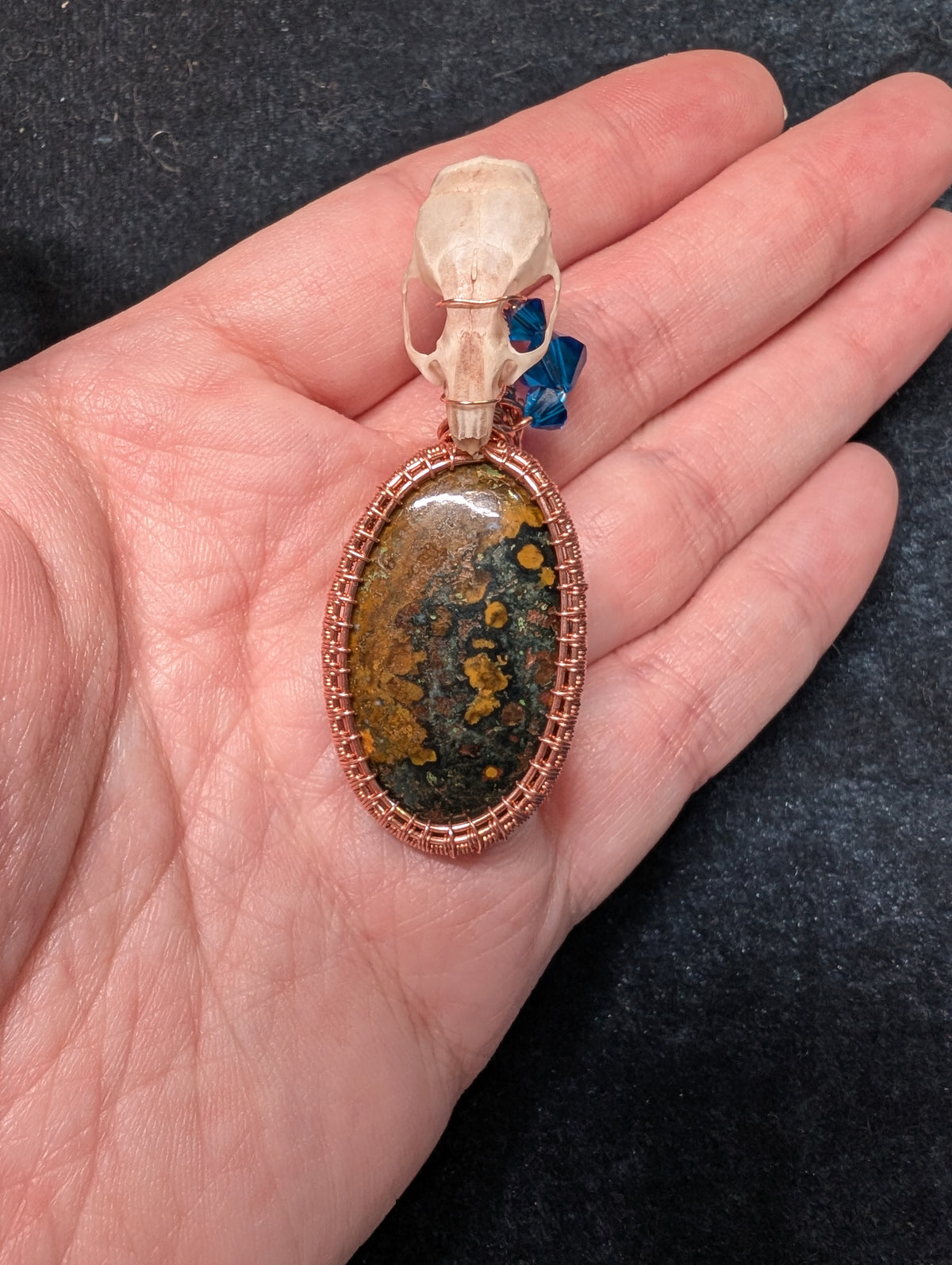 Bronzite and Mouse Skull with Crystal Wire Wrapped Pendant
