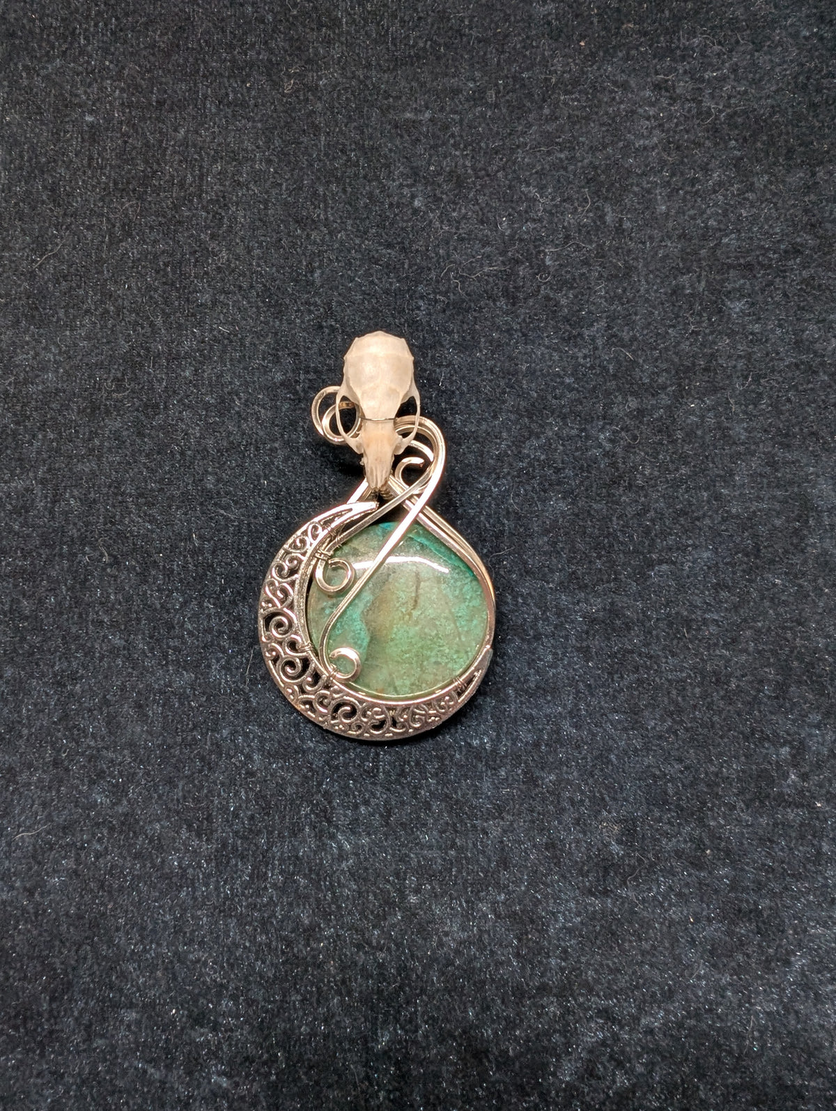 Chrysocolla with Moon and Mouse Skull Wrapped Pendant