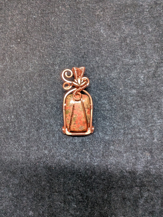 Unakite Wire Wrapped Pendant with Lotus Bead