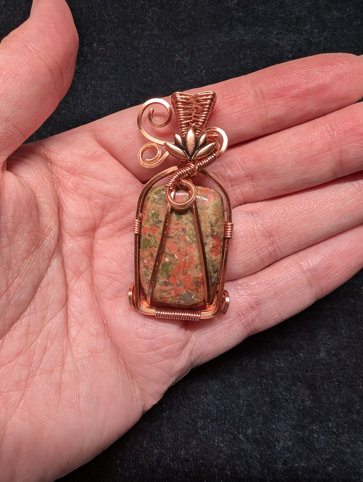 Unakite Wire Wrapped Pendant with Lotus Bead