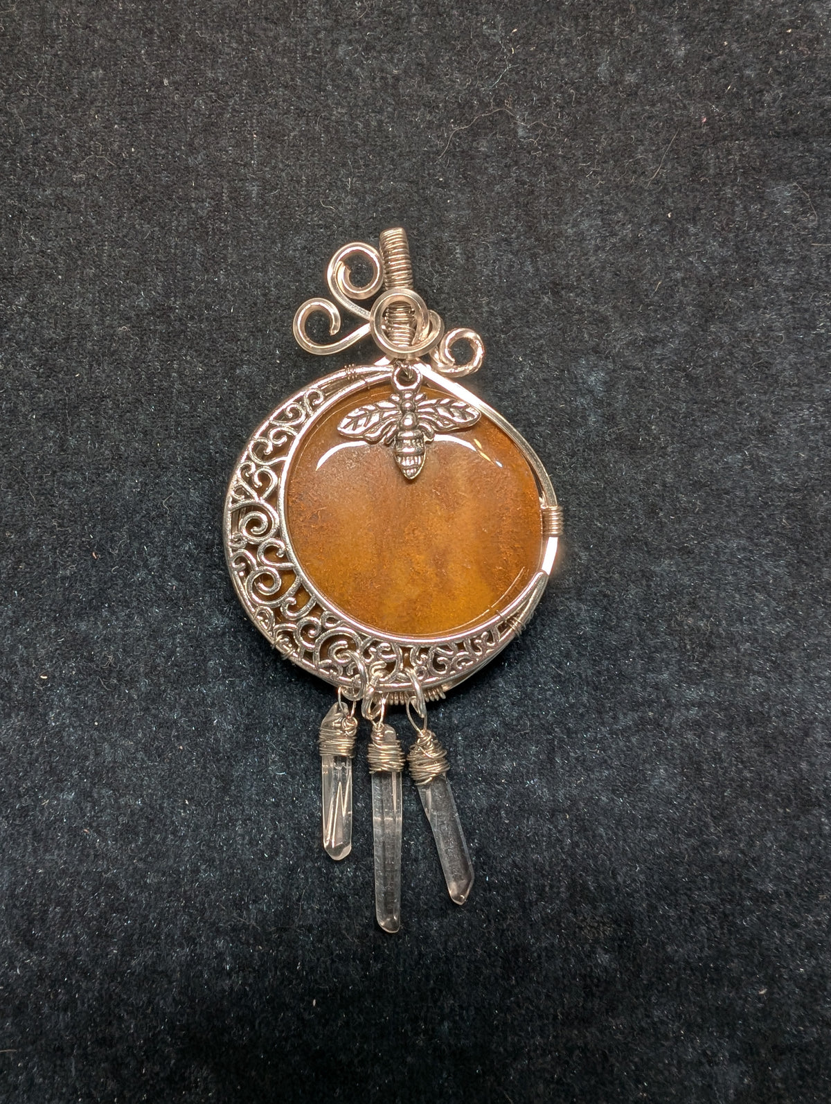Brown Aventurine and Quartz with Moon and Bee Wire Wrapped Pendant