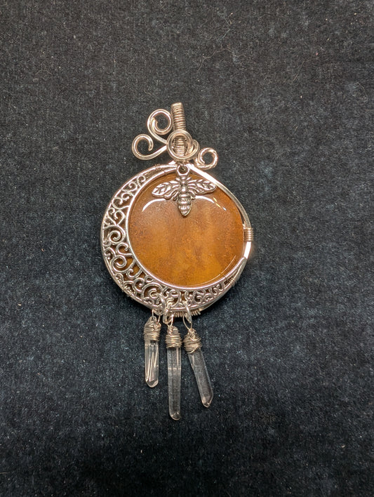 Brown Aventurine and Quartz with Moon and Bee Wire Wrapped Pendant